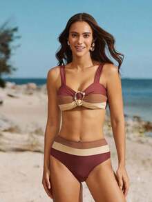 Conjunto de bikini con empalme y bloqueo de color, seductor y con Charm maduro - Multicolor 2 - Ver 3