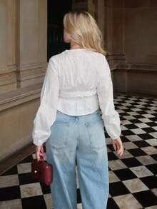 Women's Solid-Color Shirt With V-Neck, Straight Shoulders, Long Sleeves, Gathered Bow And Ruffled Hem - 黑色 - 查看 2
