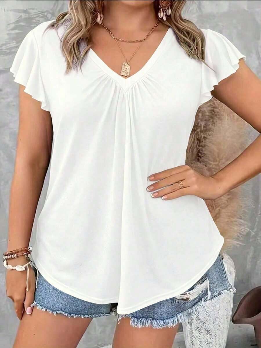 Camiseta de mujer de talla grande con cuello en V, manga corta, calada y bordada, para usar de vacaciones - Blanco - Ver 1