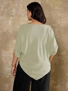 Blusa asimétrica de manga corta y hombros casuales franceses para mujer de talla grande - verde menta - Ver 2