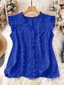 Blusa sin mangas de talla grande para vacaciones casuales con parches de puntitos suizos de mezcla de estilos y dobladillo con volantes - Azul 2 - Ver 1