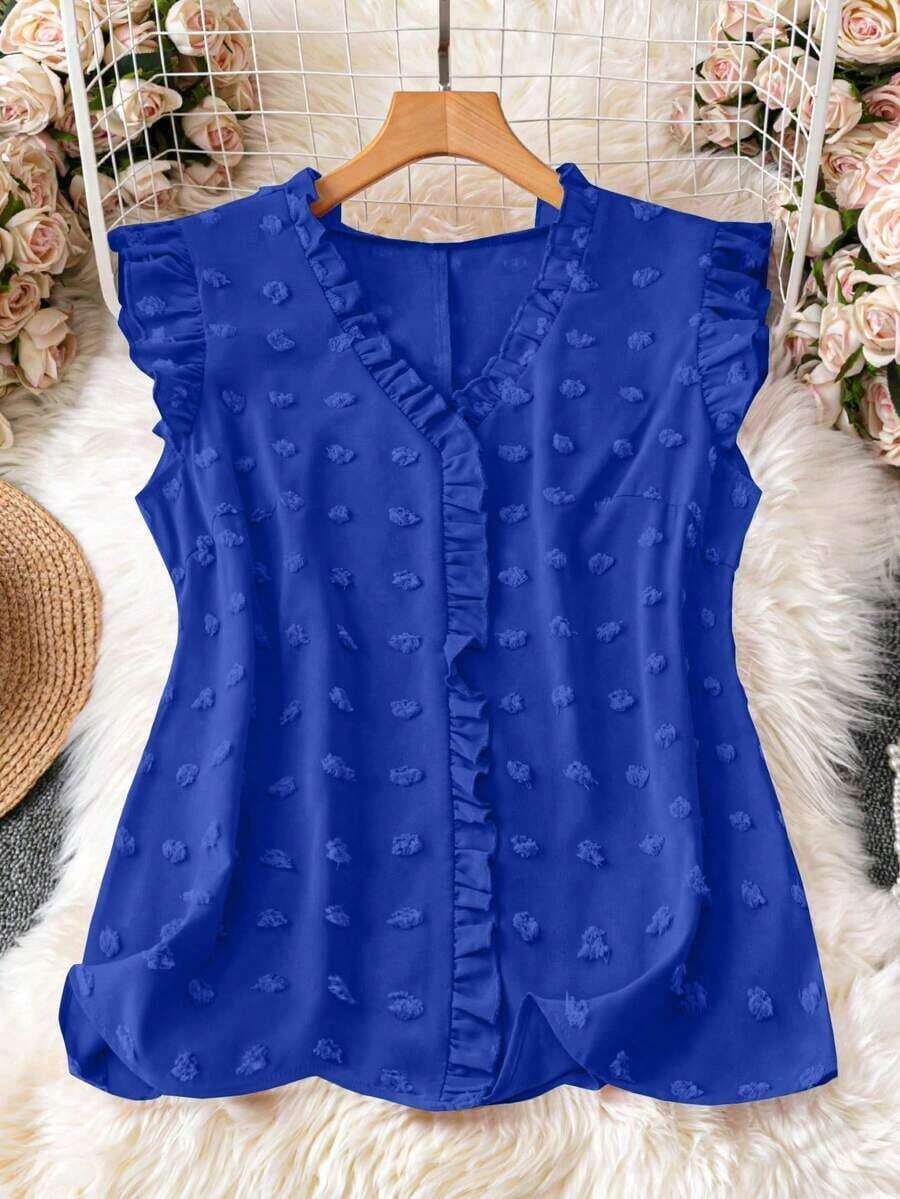 Blusa sin mangas de talla grande para vacaciones casuales con parches de puntitos suizos de mezcla de estilos y dobladillo con volantes - Azul 2 - Ver 1