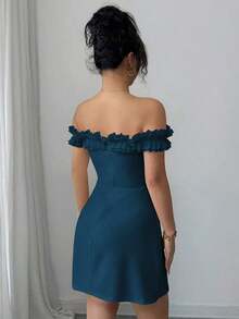 Vestido midi romántico para mujer con hombros descubiertos y corte en la cintura - Agua verde azul - Ver 2