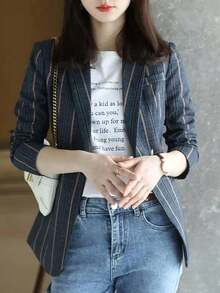 Blazer casual ajustado con rayas verticales para mujer, primavera - Azul - Ver 2