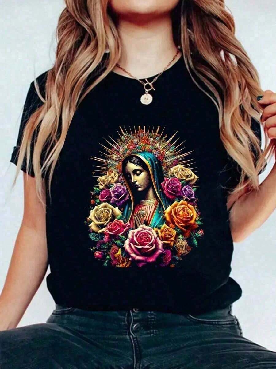 100% Cotton Shirt Of The Virgin Mary Of Guadalupe, Printed With The Image Of The Virgin Mary, Short Sleeve, Round Neck, For Women, With Modern Design, Loose And Comfortable. - 黑色 - 查看 1
