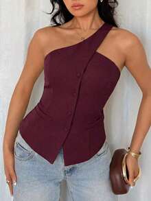 Tall Top sin mangas y sin espalda, elegante y versátil para la oficina y el día a día, con forro, para el verano - Burdeos - Ver 7