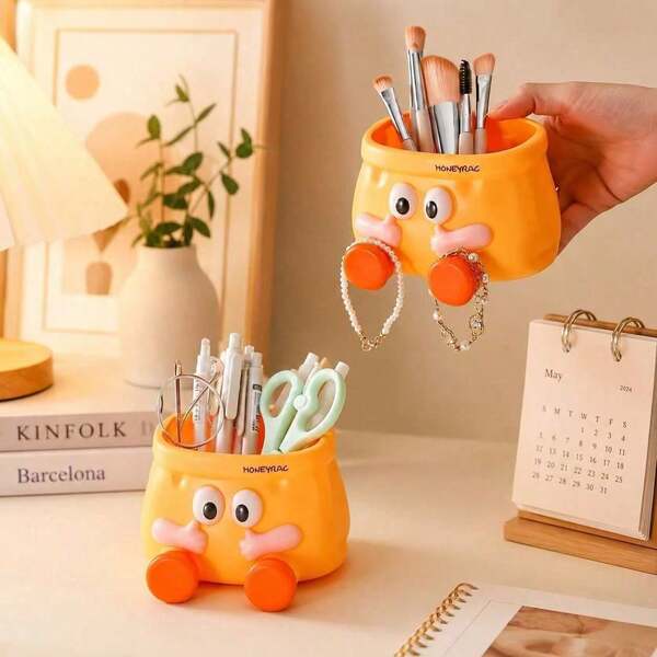 Hộp đựng bút hình hoạt hình màu cam, hộp đựng bút chì dễ thương để bàn với thiết kế khuôn mặt ngộ nghĩnh, hộp đựng văn phòng phẩm cho bút bi, bút dạ, kéo, hộp đựng cọ trang điểm, phụ kiện bàn làm việc cho văn phòng tại nhà, trang trí không gian làm việc, ý tưởng quà tặng bàn làm việc sáng tạo.