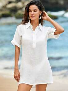 Conjunto de ropa de playa para mujer- Vestido de baño con cuello en V sin mangas como cobertor casual de playa - Blanco - Ver 4