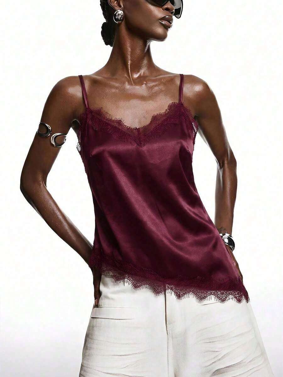 2026 Nueva blusa de satén brillante con encaje gris minimalista de primavera, camisola con adorno de encaje elegante adecuada para primavera/verano; camisa elegante adecuada para fiesta, primavera, Navidad, Año Nuevo; blusa de camisola de satén eleg - Burdeos - Ver 1