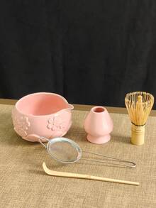 1 Stück/2 Stücke/4 Stücke/5 Stücke Japanischer Stil Geprägte Sakura Keramik Matcha Tee Set, hochwertige rosa Gießschale, Matcha Zubehör Set beinhaltet Schale, Quirl, Löffel, Sieb, geeignet für Matcha-Liebhaber und Anfänger, tolles Geschenk zum Muttertag, für Ältere, Valentinstag - Verschiedenfarbig - Übersicht 13