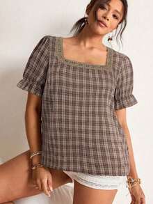Blusa de manga corta con cuello cuadrado y parches de encaje de talla grande, blusa de manga abullonada - Café integral - Ver 3