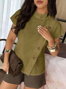 Weeklong Camisa suelta con botones y bordado de ojetes asimétrico, atuendo casual para diario/vacaciones, ropa de oficina - Verde militar - Ver 4