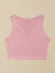 Top corto de punto acanalado de unicolor minimalista para uso casual y de oficina para mujer - Rosa - Ver 2