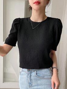 Blusa con mangas abullonadas y atar en la espalda, tops cortos para mujeres - Negro - Ver 5