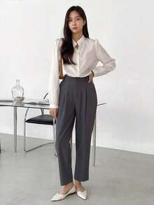 Pantalones rectos casuales de negocios para mujeres - Gris Oscuro - Ver 8