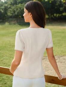 Blusa ajustada con patchwork de encaje floral elegante y vintage, camisa de manga corta color albaricoque para mujer, primavera/verano - Blanco - Ver 2