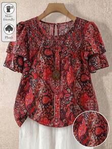 Blusa casual de mujer talla grande de unicolor con cuello redondo, mangas de doble capa, corta, plisada, versátil y de moda para el verano y vacaciones - Rojo - Ver 7