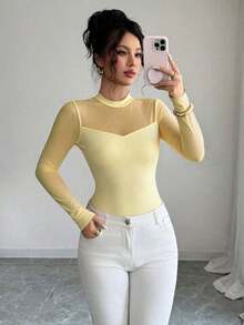 Blusa de manga larga elegante de unicolor con empalme transparente y ajuste elástico para mujer, otoño/invierno - Amarillo claro - Ver 6