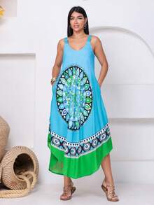 Trapeze Dress With Print. - Baby Blue - View 4
