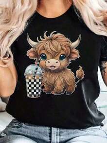 Camiseta de Mujer con Estampado de Vaca Highland - Top casual suave con divertidos estampados de bebidas, cuello redondo, mangas cortas, ropa casual, decoración de vaca. - Negro - Ver 1