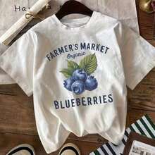 Women's T-Shirt With Organic Blueberry Print - Round Neck Top With Real Fruit Design, Soft And Breathable, Suitable For Daily Wear, Picnics And Country Style, Machine Washable, Suitable For All Seasons, Casual Short Sleeve Round Neck Print T-Shirt For Women, Ideal For Everyday Wear. - 白色 - 查看 6