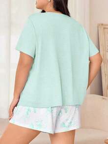 Miss Vinta Women's Plus Size 2-Piece Pajama Set With Short-Sleeve V-Neck Top And Floral Print Shorts. Comfortable Summer Pajama Set For Women With Shorts And Top, Summer Loungewear - 綠色的 - 查看 3