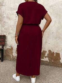Vestido casual de talla grande para mujer con cuello redondo, manga corta tipo murciélago y bajo asimétrico.Vestido largo de verano para mujer - Burdeos - Ver 2