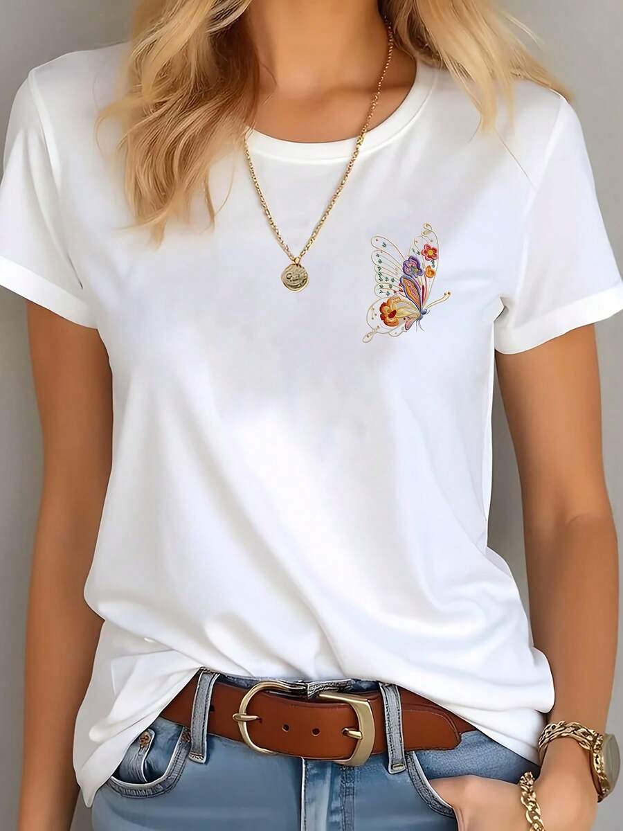 Camisetas de Manga Corta para Mujer - Blusa Casual de Verano con Estampado de Mariposa (XS-XXL) | Ropa Cómoda para Exteriores | Top de Manga Corta con Puños | Camiseta Versátil para Mujer | Lavado a Mano, No Tejido - Blanco - Ver 1