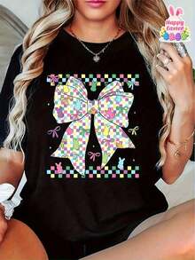 Women's 100% Cotton T-Shirt With Retro Cartoon Design And Bow - Casual Short-Sleeved Blouse With A Round Neck And A Vibrant Easter Bunny Design, Breathable Summer Top For Casual Outfits, Ladies' T-Shirts. Women's T-Shirt With A Modern And Creative Print Design, Made Of - 黑色 - 查看 1