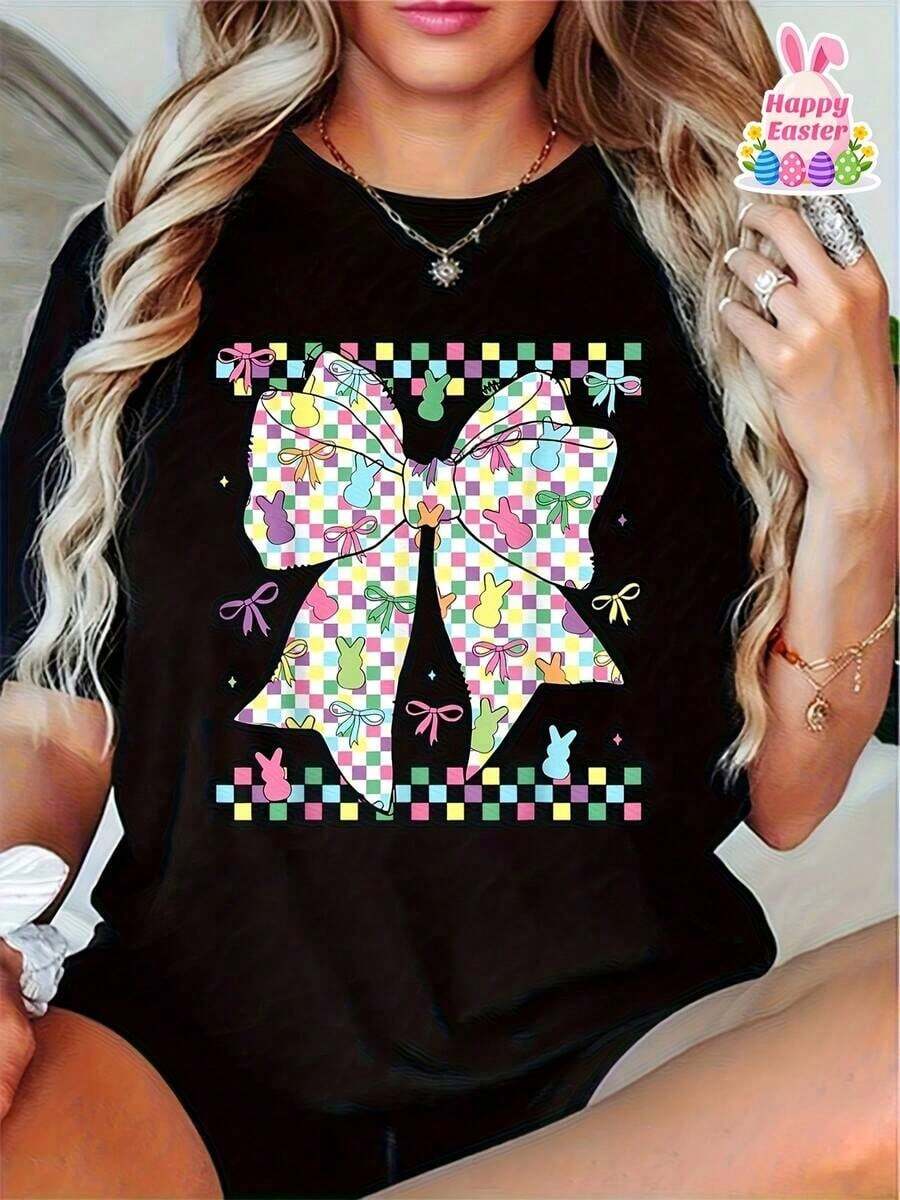 Women's 100% Cotton T-Shirt With Retro Cartoon Design And Bow - Casual Short-Sleeved Blouse With A Round Neck And A Vibrant Easter Bunny Design, Breathable Summer Top For Casual Outfits, Ladies' T-Shirts. Women's T-Shirt With A Modern And Creative Print Design, Made Of - 黑色 - 查看 1