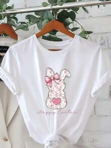 Women's 100% Cotton T-Shirt, Lightweight And Breathable - Pink Bunny And Heart Print With "Happy Easter", Short Sleeve, Round Neck, Spring And Summer Blouse For Easter Outfits, Casual Spring Wear And To Match With Other Garments, Bunny And Heart Design. - 白色 - 查看 7