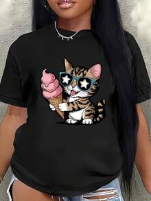 Camiseta de manga corta, ligera y duradera, con un divertido diseño de gato y helado, es perfecta para descansar en casa o salir a comer en un restaurante, ofreciendo una experiencia de uso cómoda para el día a día.women's shirts - Negro - Ver 1