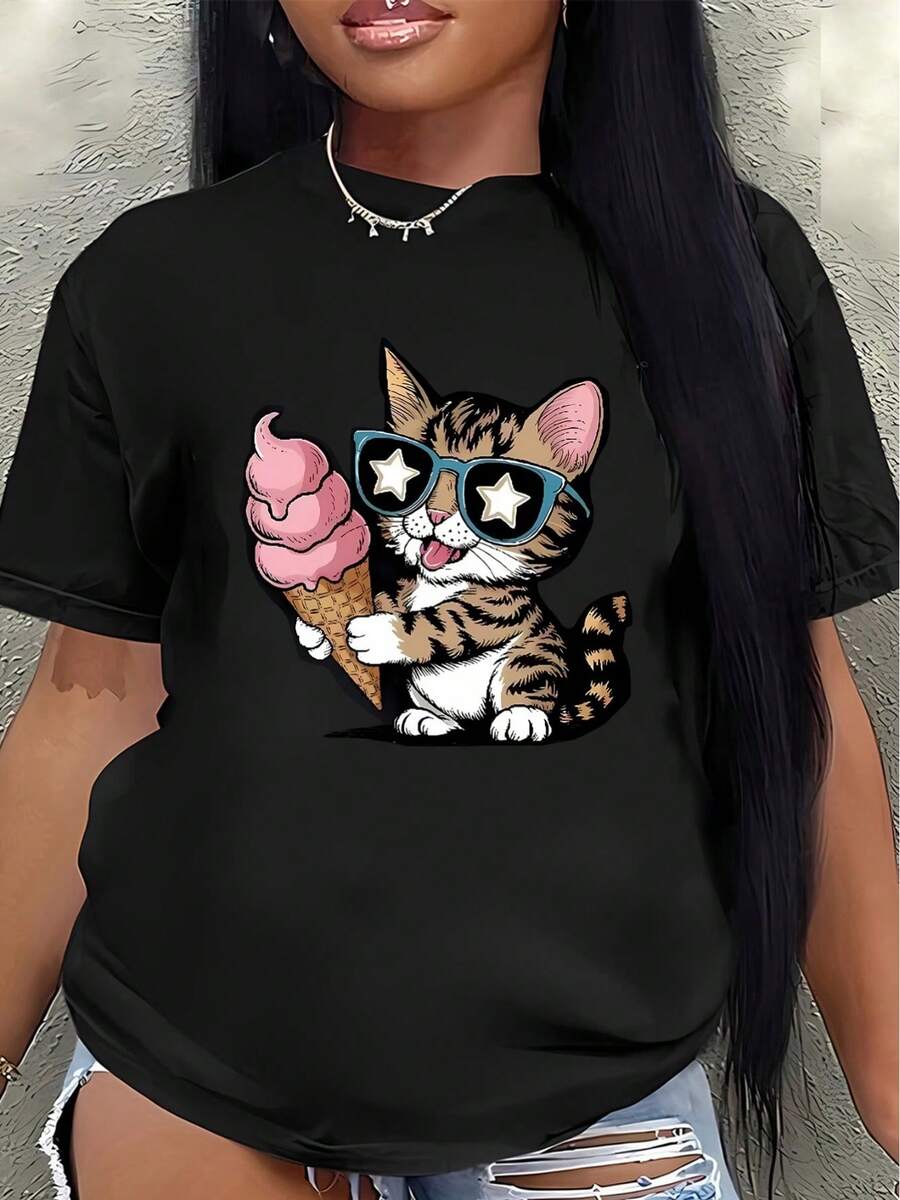 Camiseta de manga corta, ligera y duradera, con un divertido diseño de gato y helado, es perfecta para descansar en casa o salir a comer en un restaurante, ofreciendo una experiencia de uso cómoda para el día a día.women's shirts - Negro - Ver 1