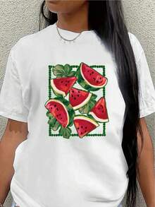 Camiseta de manga corta de poliéster con estampado de sandía, ligera y duradera, adecuada para uso casual en casa o en restaurantes, cómoda y ajustada para el uso diario.women's shirts - Blanco - Ver 7