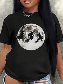Camiseta de manga corta de poliéster, con diseño de luna llena y silueta de bruja, ligera y duradera, adecuada para uso casual en casa o como atuendo de fiesta, lo que la convierte en una elección perfecta para disfraces de Halloween y eventos nocturnos. camisas de mujer - Negro - Ver 1