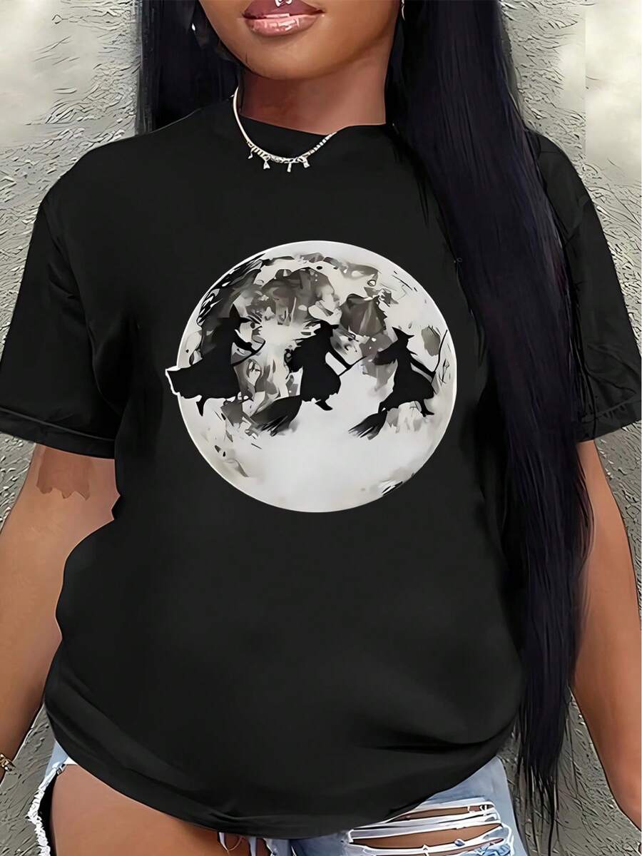 Camiseta de manga corta de poliéster, con diseño de luna llena y silueta de bruja, ligera y duradera, adecuada para uso casual en casa o como atuendo de fiesta, lo que la convierte en una elección perfecta para disfraces de Halloween y eventos nocturnos. camisas de mujer - Negro - Ver 1