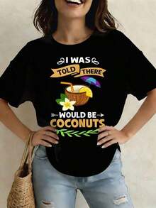 Camiseta genial informal para mujer, con estampado de aceite, agua, crema, árbol, fruta, palma y mantequilla, ligera, de cuello redondo y manga corta, para el verano, ropa de vacaciones de verano, adecuada para festivales y uso diario. - Negro - Ver 1