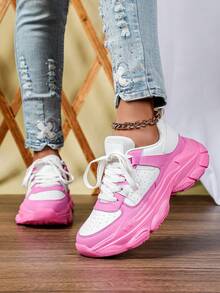 Giày sneaker đế xuồng đế dày phối màu cho nữ, thiết kế trắng hồng cá tính thanh lịch, giày sneaker đế bánh mì dày thoải mái đa năng, cổ thấp buộc dây, giày nữ phong cách dopamine, giày đôi size lớn, giày phong cách đường phố Mỹ retro trẻ trung - Hồng - Xem 2