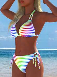 Women's Colorful Halter Bikini Set With Rainbow Stripes Swimsuit For Beach New Arrival Festival Summer Holiday Outfits Sexy Two Pieces Vacation - Multicolor - View 4