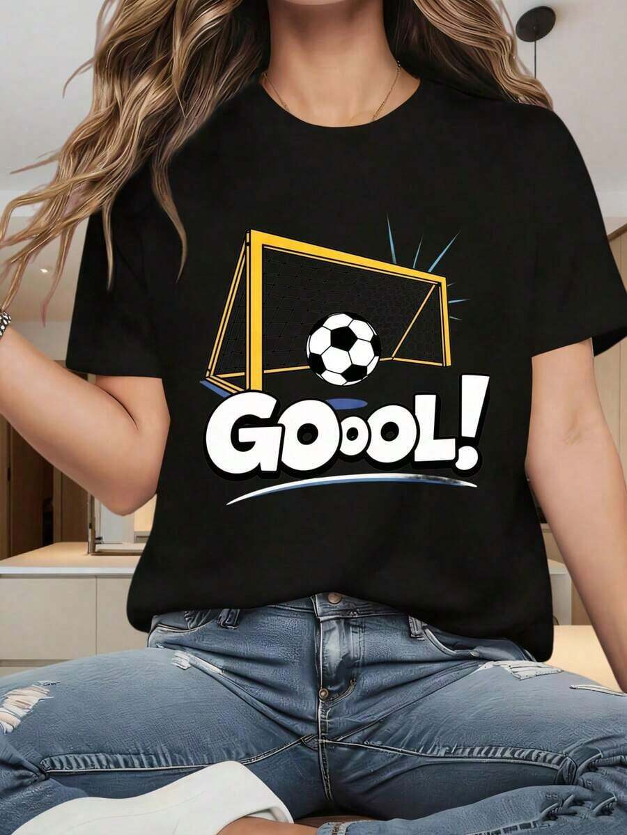 Camiseta casual para mujer con cuello redondo y mangas cortas, con interesantes estampados. Camiseta de Fútbol con Diseño de Balón de Fútbol y Texto de Gol para Aficionados al Deporte. Adecuada para Fiestas de Navidad, Actividades Deportivas, Fiestas de Fin de Año, Salidas, Deportes y Otros Regalos Festivos (220g). 100% Algodón. Duradera. - Negro - Ver 1