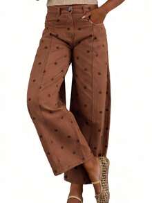 Women Barrel Jeans Dot Print Loose Denim Pants Spring Casual Baggy Trousers Fashion Wide-Leg Pants - Marrón Chocolate - Ver 2