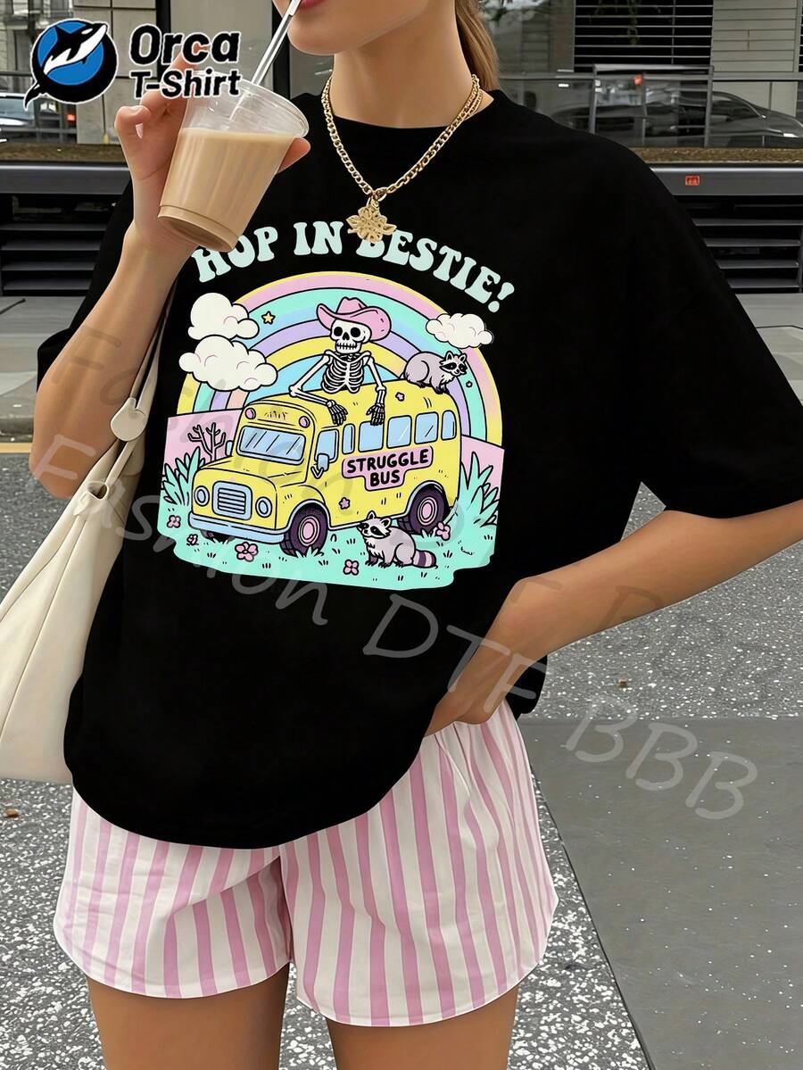 Camiseta de verano premium para mujer con estampado de esqueleto de mapache Strle Bus, patrón estampado, corte regular, 100% algodón puro, 180 gramos, marca Orca. Adecuada para uso casual de verano, salidas al aire libre, deportes, vacaciones, regalos y otras ocasiones. - Negro - Ver 1