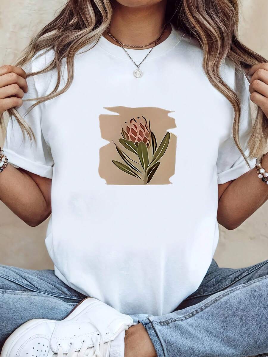 Ropa de verano ligera de una sola pieza y corte holgado para mujer, camiseta con estampado de flor de protea y hoja verde, adecuada para uso casual en primavera, moda elegante para mujer, estilo: cuello redondo, mangas cortas, corte holgado, un regalo para usted misma/familia/pareja/amigos, para uso diario, atuendo casual diario. - Blanco - Ver 1