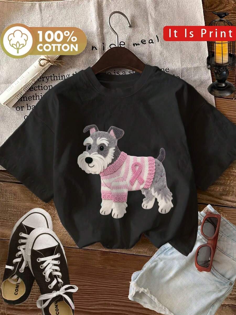 Ropa deportiva de estilo athleisure, 1 pieza de ropa de verano para mujer, con un lindo diseño de un perro Schnauzer con una camiseta estampada con un suéter rosa, adecuada para uso casual diario. Ropa elegante para mujer, estilo: cuello redondo, mangas cortas, corte holgado, un regalo para usted misma/familia/amante/amigos, top de algodón transpirable, ropa casual para gimnasio que absorbe la humedad. - Negro - Ver 1