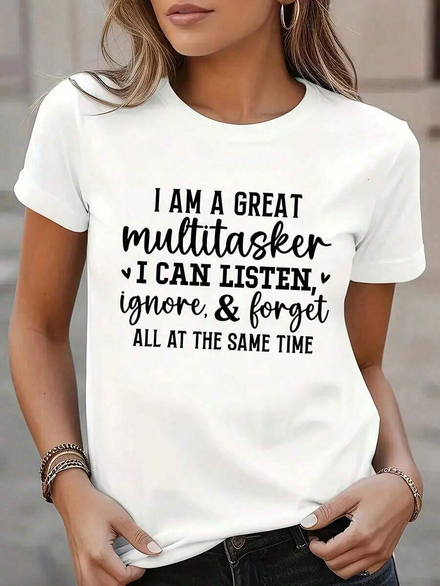 Casual Round Neck Polyester T-Shirt, Alphabet Print, Color Blocks, Regular Fit, 200g/M² Knit Fabric For All Seasons Women's Blouses > Clothing - 白色 - 查看 1