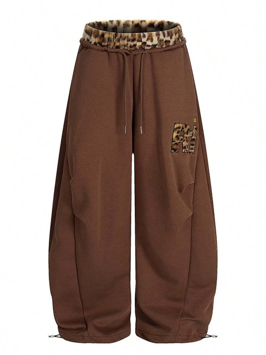 Women's Autumn 2026 Retro American Style Sports Trousers, Furry Leopard Print With Combined Embroidery, Curved Cut Wide Leg Loose Fit For Jazz Dance - 咖啡棕 - 查看 1