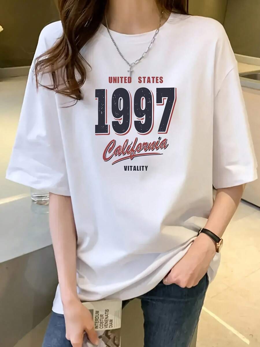 Camiseta de manga corta para mujer con estampado de moda, holgada, casual, combinable con todo, para verano. - Blanco - Ver 1