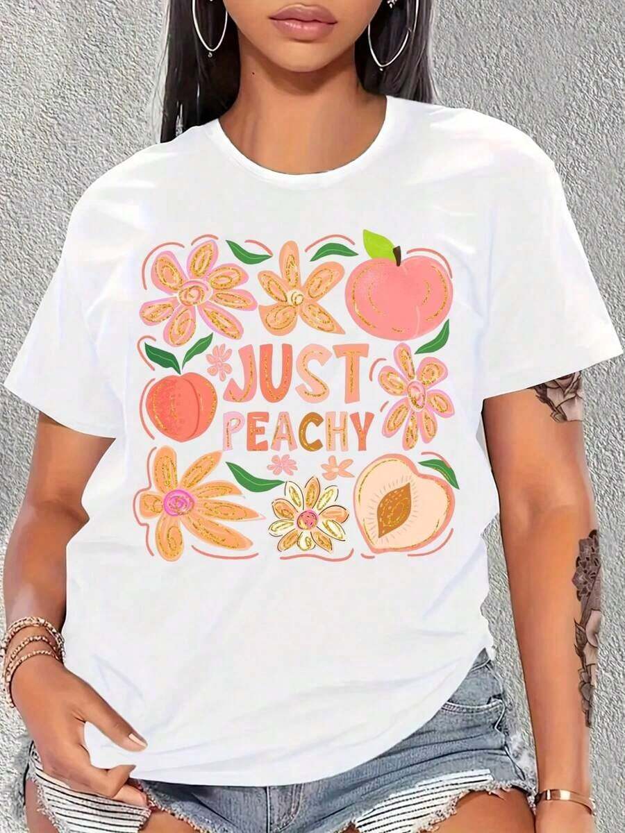 Camiseta con Diseño Floral Just Peachy para Mujer, Ropa Casual de Verano, Regalo para Amantes de los Melocotones, Camiseta Divertida con Estampado de Frutas y Flores, Camiseta para Mujer - Blanco - Ver 1