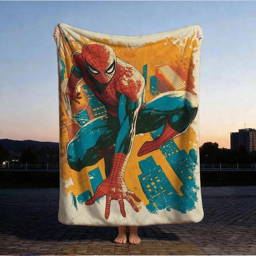 1pc S-Pider-Man Print Blanket,Retro Cartoon Style Throw Blanket,Cartoon Character Printed Blanket,All-Season Universal Nap Blanket,Character Home Decor Blanket,Modern Fashion Gift Suitable For Home Bedroom Bed Sofa Office Lunch Break Cover Picnic Blanket - Multicolor - View 1