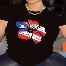Women's Casual Cotton Short Sleeve Round Neck T-Shirt With Flag Hibiscus Print, Sexy High Stretch Regular Fit Tee Top - 黑色 - 查看 1